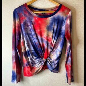 This and More Young Contemporary Long Sleeve Red Blue Tie Dye Twist Front Shirt